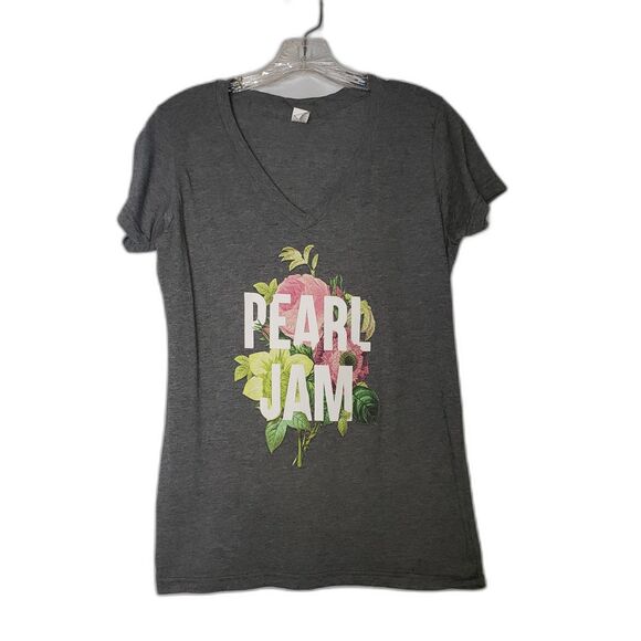 Pearl Jam Shirt Womens Large Gray Heather V-Neck Floral Graphic Band Tee T-Shirt - Picture 1 of 7